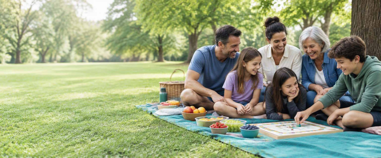 A fictional family spending time together outdoors